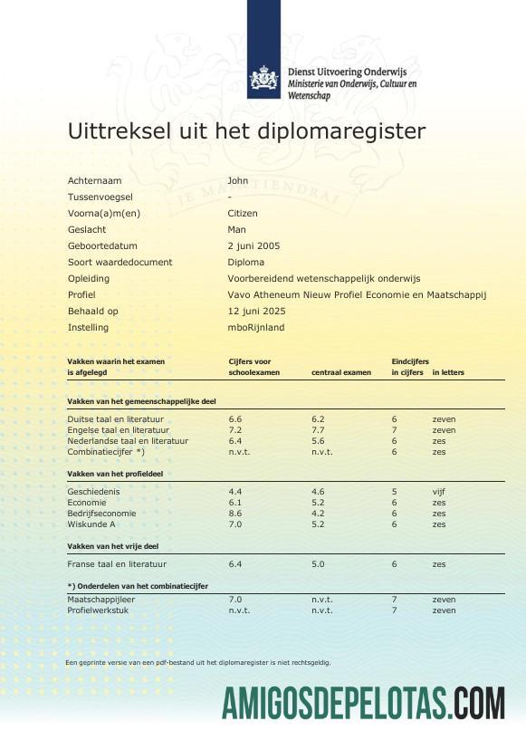 para download Modelo de extrato de registro de diploma MboRijnland da Holanda em formato Word e PDF
